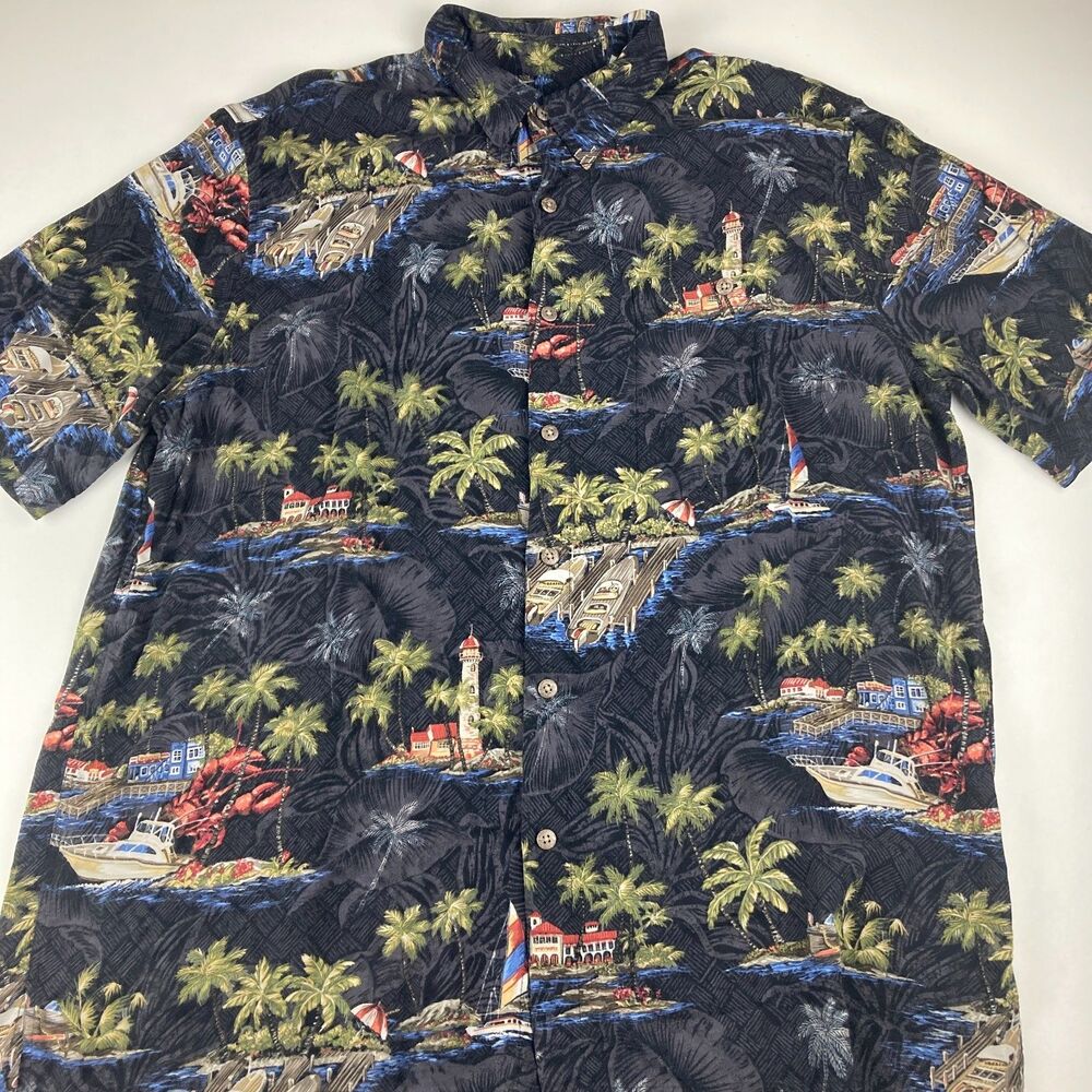 Batik Bay Shirt Mens L Hawaiian Nautical Lighthouse Boats Tropical Rayon Aloha